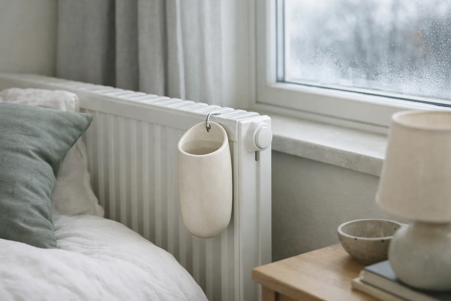 Keramisk elementfuktare på en radiator i ett gästrum.