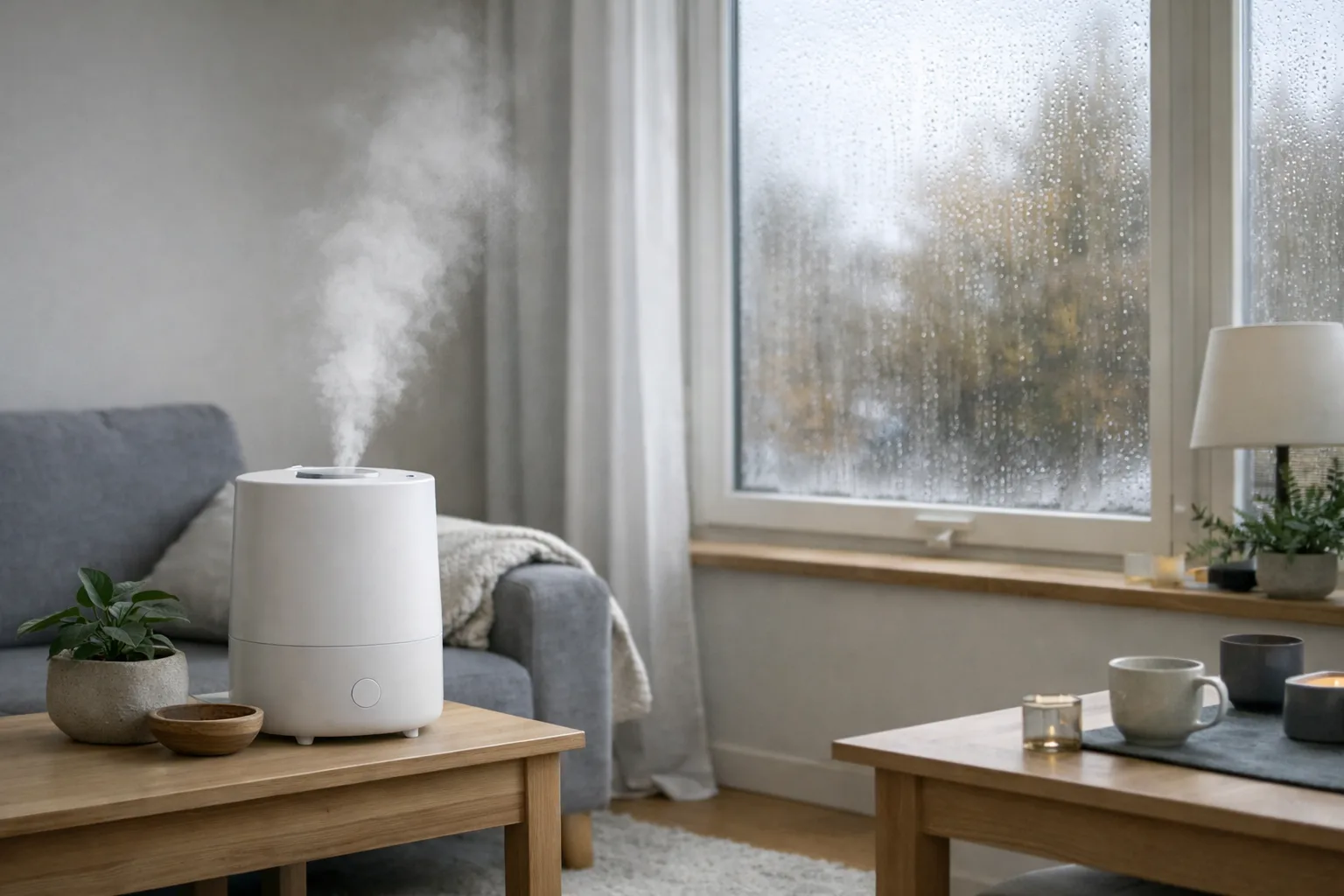 Luftfuktare placerad en bit från ett fönster med kondens.